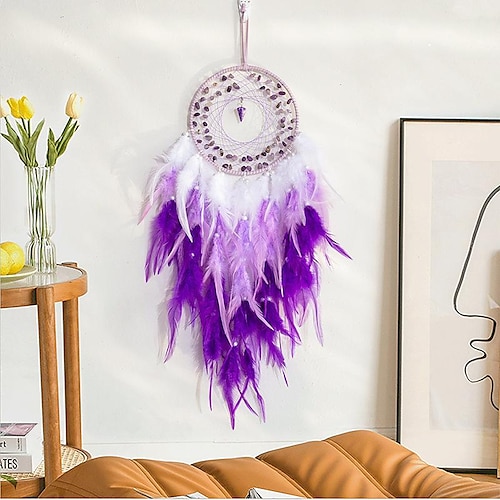 

Purple Dream Catcher Handmade Gift with Feather Wall Hanging Decor Art Wind Chimes Boho Style Car Hanging Home Pendant