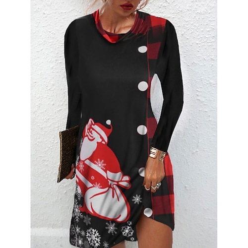 

Women's Sheath Dress Print Dress Mini Dress Black Long Sleeve Santa Claus Print Winter Fall Crew Neck Stylish Modern Christmas 2022 S M L XL 2XL 3XL