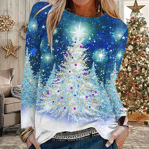 

Women's T shirt Tee Blue Graphic Christmas Tree Print Long Sleeve Weekend Basic Round Neck Regular Regular Fit Floral Painting S