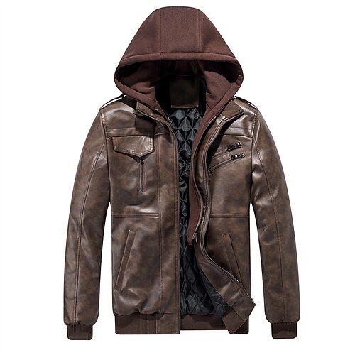 

Men's Winter Jacket Faux Leather Jacket Durable Casual / Daily Daily Wear Vacation To-Go Zipper Hooded Warm Ups Comfort Leisure Jacket Outerwear Solid / Plain Color Pocket Coffee Grey Black