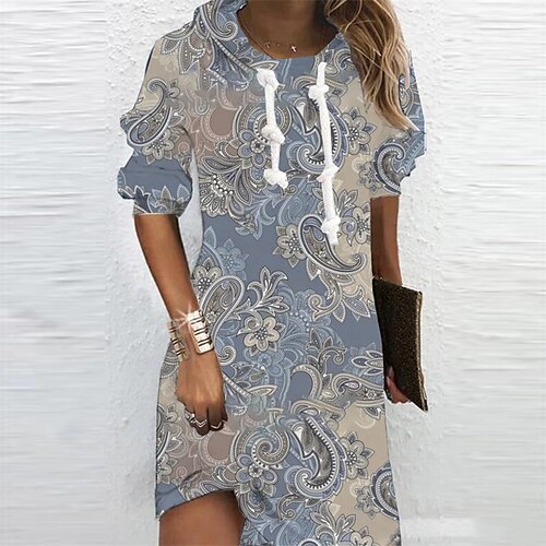 

Women's Hoodie Dress Winter Dress Mini Dress Blue Long Sleeve Floral Print Winter Fall Hooded Vacation Casual Fall Dress 2022 S M L XL XXL 3XL