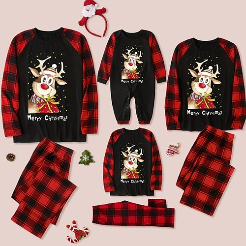 

Christmas Pajamas Ugly Family Set Plaid Letter Elk Home Black Wine Red Long Sleeve Mom Dad and Me Basic Matching Outfits