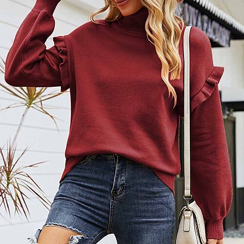 

Women's Pullover Sweater jumper Jumper Ribbed Knit Ruffle Knitted Pure Color Turtleneck Stylish Casual Outdoor Daily Winter Fall Wine Camel S M L / Long Sleeve / Holiday / Regular Fit / Going out