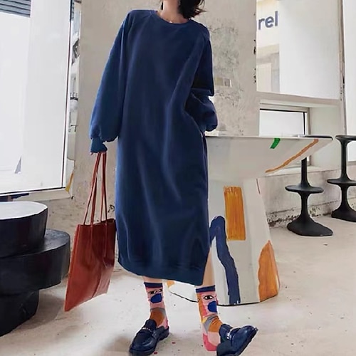 

Women's Hoodie Dress Winter Dress Midi Dress Blue Long Sleeve Pure Color Pocket Split Winter Fall Crew Neck Casual Fall Dress Loose Fit 2022 One-Size