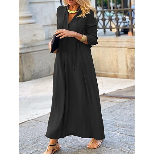 

robe longue Femme Robe casual manche longue Eté Printemps - mode Décontractées Moderne Lacet Couleur monochrome Col V robe hiver robe automne Ample 2023 Noir Bleu Roi Marron Vert Rouge brique Grise S