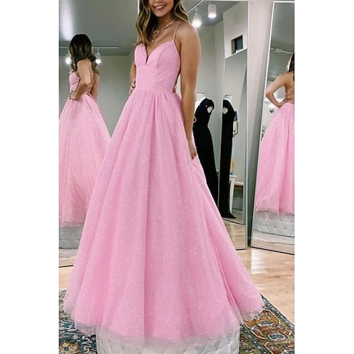 

Ball Gown A-Line Prom Dresses Glittering Dress Formal Floor Length Sleeveless V Neck Tulle Backless with Pleats 2022