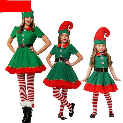 

Elf Santa Suits Women's Girls' Cosplay Costume Christmas Christmas Christmas Eve Kid's Adults' Party Christmas Polyester Dress Belt Socks Hat