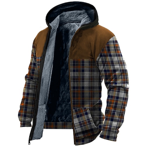 

Men's Fleece Jacket Full Zip Hoodie Fleece Hoodie Sherpa Jacket Green Blue Red Brown Navy Blue Hooded Plaid Checkered Graphic Prints Tartan Zipper Print Casual Daily Sports 3D Print Fleece Basic