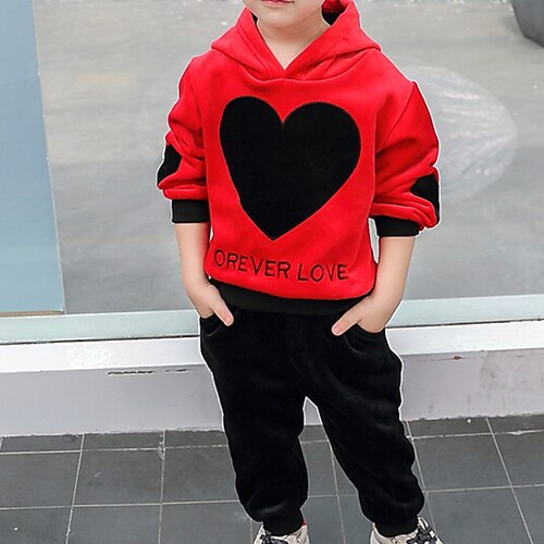 

2 Pieces Kids Boys Hoodie & Pants Clothing Set Outfit Heart Letter Long Sleeve Cotton Set Outdoor Fashion Casual Winter Fall 3-7 Years Black Red