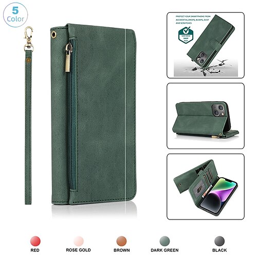 

Phone Case For Samsung Galaxy Wallet Card iPhone 14 Pro Max 13 12 11 Pro Max Mini X XR XS 8 7 Plus Wallet Zipper with Wrist Strap Solid Colored TPU PU Leather