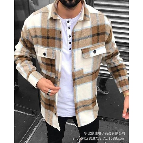 

Men's Shirt Overshirt Plaid Turndown Brown Long Sleeve Print Daily Holiday Button-Down Tops Fashion Casual Comfortable Pocket