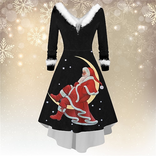 

Women's Christmas Swing Dress Vintage Dress Mini Dress Yellow Wine Light Red Gold Red Black Long Sleeve Plaid Santa Claus Elk Feather Plus High Low Print Winter Fall V Neck Vacation Stylish Elegant