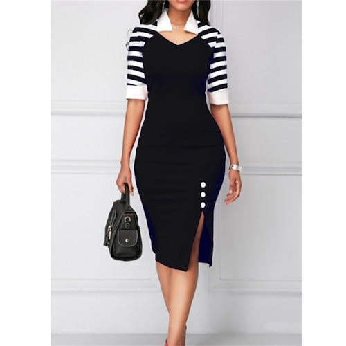 

Women's Sheath Dress Emerald Green Dress Knee Length Dress Green Blue Purple Wine Black Half Sleeve Striped Patchwork Button Fall Winter V Neck Fashion Elegant 2022 S M L XL 2XL 3XL 4XL 5XL