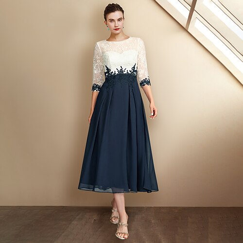 

A-Line Mother of the Bride Dress Plus Size Elegant Jewel Neck Tea Length Chiffon Lace Half Sleeve with Pleats Appliques 2022