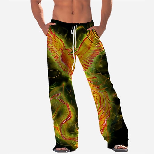 

Men's Trousers Beach Pants Drawstring Elastic Waist 3D Print Rainbow Graphic Prints Phoenix Comfort Breathable Casual Daily Holiday Streetwear Classic Style Green Yellow / Designer