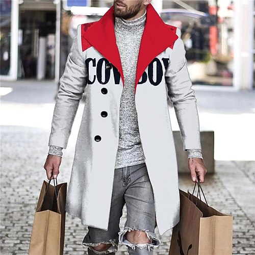 

Men's Coat With Pockets Street Wear to work Casual Daily Single Breasted Turndown Streetwear Business Work Jacket Outerwear Letter Front Pocket Button-Down Print Red