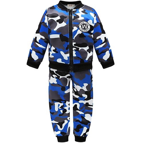 

2 Pieces Toddler Boys Jacket & Pants Outfit Camo Long Sleeve Zipper Cotton Set Outdoor Cool Daily Winter Fall 3-7 Years Green Black Blue