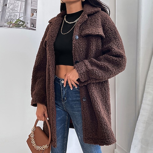 

Women's Sherpa jacket Fleece Jacket Teddy Coat Warm Breathable Outdoor Daily Wear Vacation Going out Pocket Open Front Turndown Casual Comfortable Street Style Solid Color Regular Fit Outerwear Long