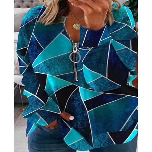 

Women's Plus Size Tops Pullover Sweatshirt Geometry Zipper Print Long Sleeve Standing Collar Casual Daily Vacation Polyester Winter Fall Blue