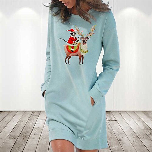 

Women's Christmas Hoodie Dress Winter Dress Light Blue Grey White Long Sleeve Santa Claus Elk Pocket Print Winter Fall Crew Neck Stylish Casual 2022 S M L XL 2XL / Cotton