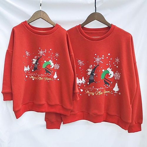 

Mommy and Me Ugly Christmas Sweatshirt Pullover Cartoon Letter Number Casual Green Wine Red Long Sleeve Daily Matching Outfits