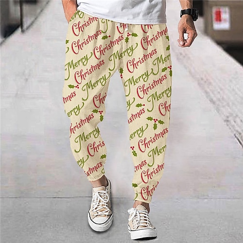 

Men's Christmas Pants Joggers Trousers Drawstring Elastic Waist 3D Print Letter Christmas Comfort Breathable Sports Outdoor Casual Daily Streetwear Stylish Khaki Micro-elastic