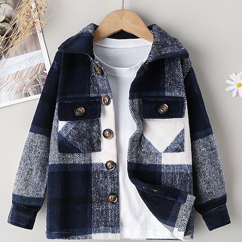 

Kids Boys Coat Outerwear Plaid Long Sleeve Button Coat School Cotton Basic Blue Fall Spring 3-7 Years