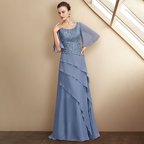 

A-Line Mother of the Bride Dress Plus Size Elegant Jewel Neck Floor Length Chiffon Lace Half Sleeve with Appliques Cascading Ruffles 2022