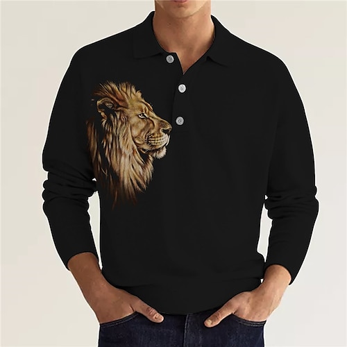 

Men's Collar Polo Shirt Golf Shirt Animal Lion Graphic Prints Turndown Black 3D Print Outdoor Street Long Sleeve Button-Down Print Clothing Apparel Fashion Designer Casual Soft