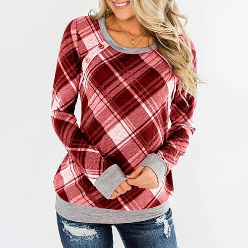 

Women's T shirt Tee Red Coffee Gray Plaid Print Long Sleeve Daily Weekend Basic Round Neck Regular Painting S