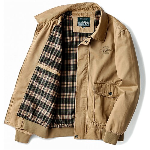 

Men's Going out Casual Daily Zipper Turndown Fashion Casual Jacket Outerwear Plaid / Check Zipper Pocket khaki Navy Blue Army Green / Long Sleeve