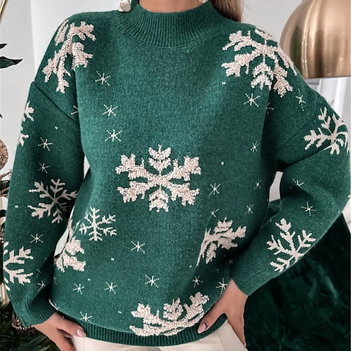 

Women's Ugly Sweater Christmas Jumper Ribbed Knit Knitted Snowflake Crew Neck Stylish Casual Holiday Winter Fall Green Red S M L / Long Sleeve / Regular Fit