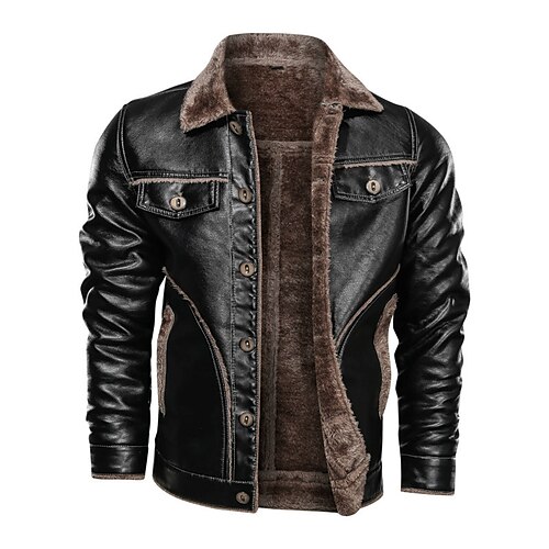 

Men's Faux Leather Jacket Durable Casual / Daily Daily Wear Vacation To-Go Single Breasted Turndown Comfort Leisure Jacket Outerwear Solid / Plain Color Pocket Coffee