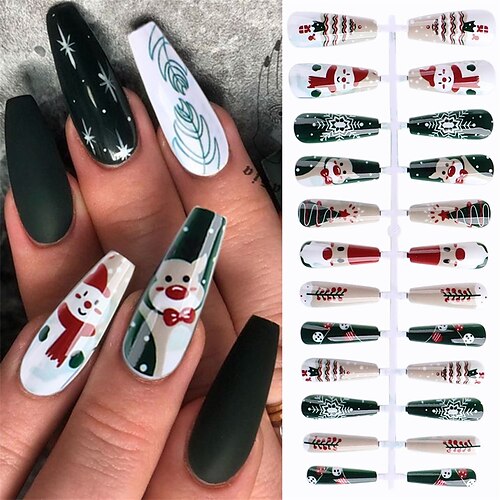 

Nail Enhancement Nail Piece European and American 24 Piece Package Christmas Painted Removable Nail Piece Glue Matching with Coffin Nail