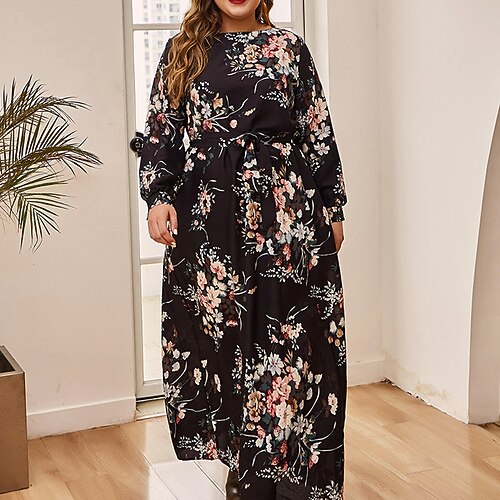 

Women's Plus Size A Line Dress Floral Crew Neck Long Sleeve Winter Fall Stylish Elegant Casual Maxi long Dress Daily Vacation Dress