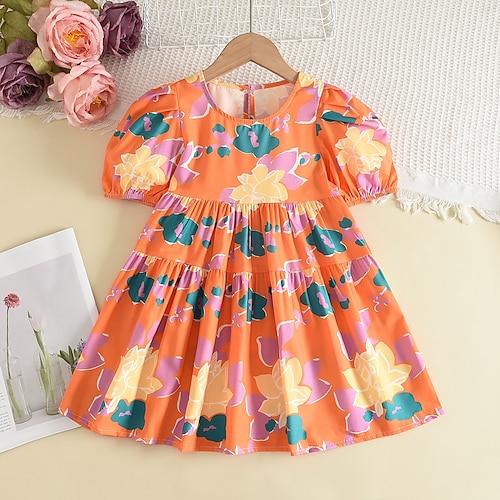 

Toddler Girls' Dress Floral A Line Dress Above Knee Dress Ruched Cotton Short Sleeve Cute Dress 3-7 Years Summer Blue Orange