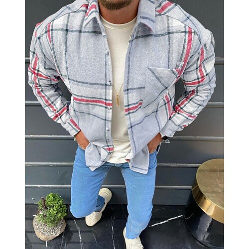 

Herren Hemd Flanelljacke Flanell Hemden Hemdjacke Weiß Langarm Gestreift Umlegekragen Frühling Herbst Strasse Täglich Bekleidung Button-Down