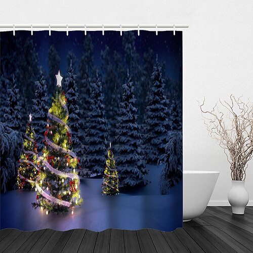 

Christmas Shower Curtain,3D Window Landscape Print Shower Curtain With Hook Modern Polyester Machined Waterproof Bathroom