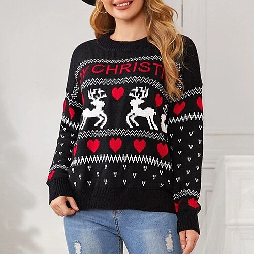 

Women's Ugly Christmas Sweater Pullover Sweater Jumper Ribbed Knit Knitted Letter Crew Neck Stylish Casual Outdoor Christmas Winter Fall Black White S M L / Long Sleeve / Weekend / Holiday