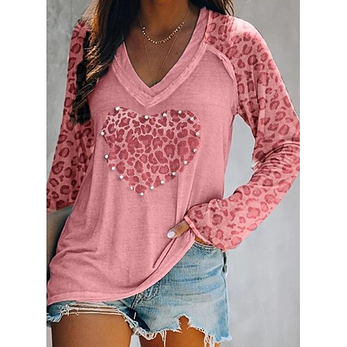 

Women's Shirt Blue Pink Wine Leopard Heart Print Long Sleeve Casual Streetwear V Neck Regular S