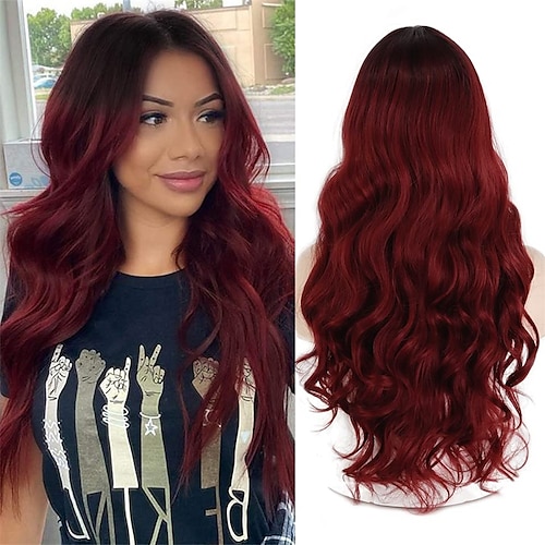 

Ombre Burgundy Wig with Dark Roots Wine Red Synthetic Middle Part Hair Wigs for Daily Use 20 Inch ChristmasPartyWigs
