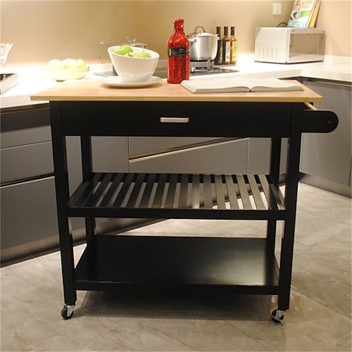 

Kitchen Island & Kitchen Cart Mobile Kitchen Island with Two Lockable Wheels Rubber Wood Top Black Color Design Makes It Perspective Impact During Party.