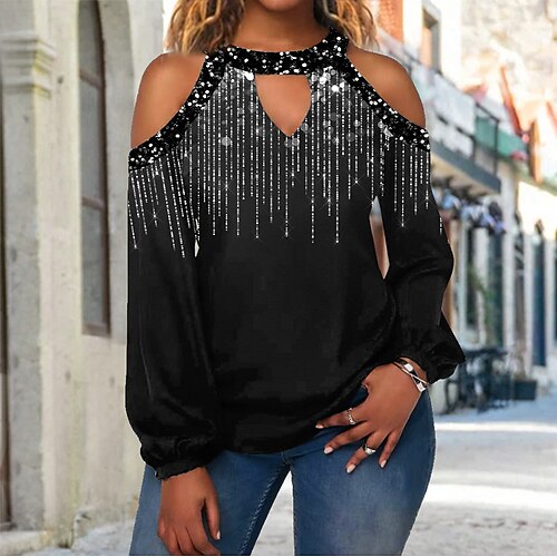 

Women's Shirt Black Striped Cut Out Print Long Sleeve Holiday Weekend Streetwear Casual Round Neck Regular S