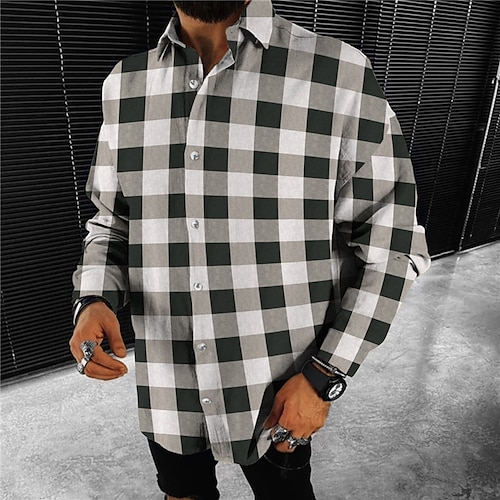 

Men's Shirt Plaid Turndown Khaki Gray 3D Print Outdoor Street Long Sleeve Button-Down Print Clothing Apparel Fashion Designer Casual Breathable