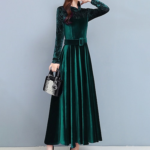 

Women's Velvet Dress Swing Dress Midi Dress Green Blue Wine Black Long Sleeve Pure Color Patchwork Winter Fall Crew Neck Stylish Modern Fall Dress 2022 M L XL XXL 3XL / Winter Dress