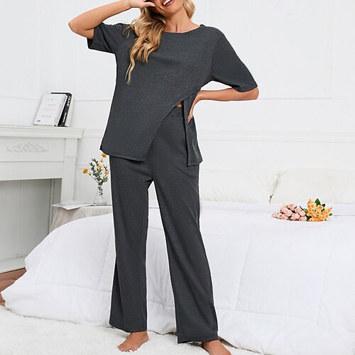 

Women's Plus Size Pajamas Sets Nighty Pjs 2 Pieces Pure Color Simple Comfort Soft Home Daily Bed Polyester Breathable Crew Neck Short Sleeve T shirt Tee Pant Spring Summer Dark Gray