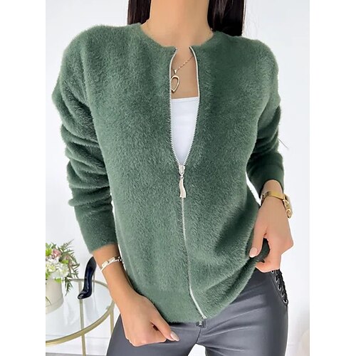 

Women's Cardigan Sweater Jumper Crochet Knit Cropped Zipper Knitted Solid Color Crew Neck Stylish Casual Daily Holiday Winter Fall Green S M L / Long Sleeve / Regular Fit