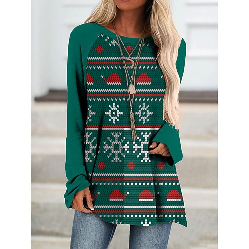 

Women's Shirt Green Blue Light Green Deer Christmas Tree Print Long Sleeve Christmas Streetwear Casual Christmas Round Neck Long S