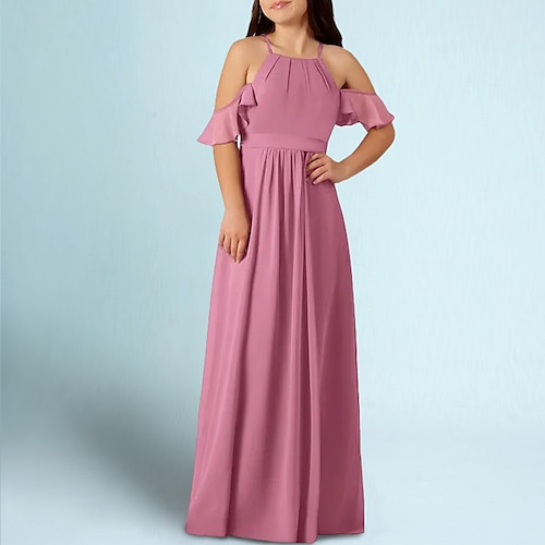 

A-Line Floor Length Halter Neck Chiffon Junior Bridesmaid Dresses&Gowns With Sash / Ribbon Wedding Party Dresses 4-16 Year