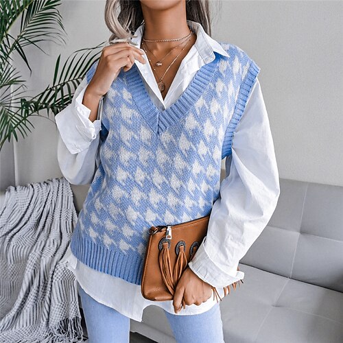 

Dame Sweater vest Jumper Rillet Strikke Strikket Houndstooth Mønster V-hals Stilfuld Afslappet udendørs Daglig Vinter Efterår Sort Blå S M L / Uden ærmer